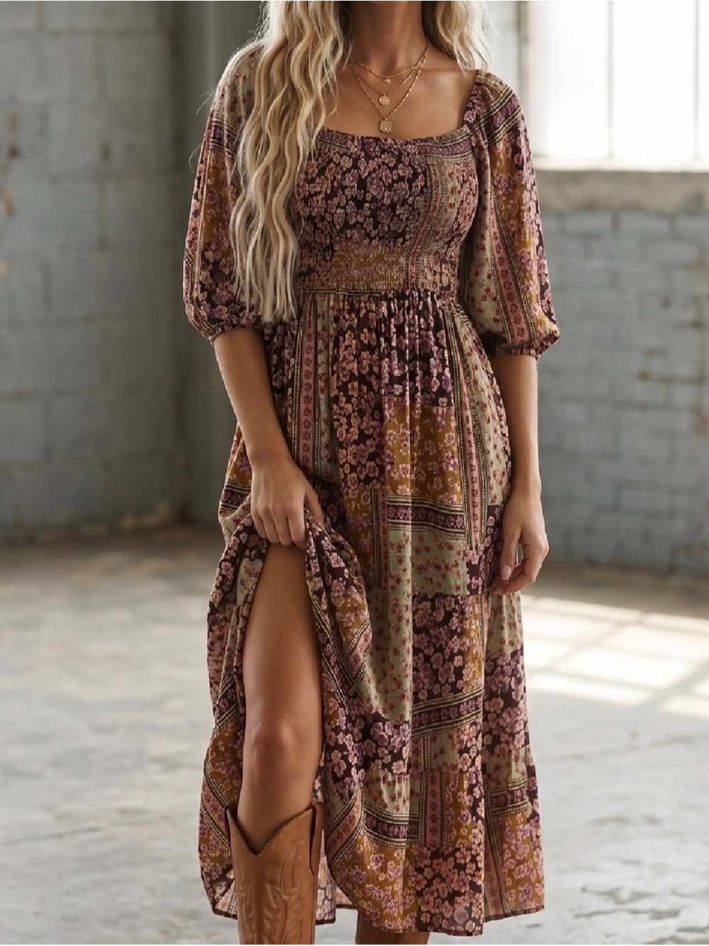 Angie Smocked Mixed Floral Patchwork Midi Dress Puff Sleeve Slit Boho Prairie M